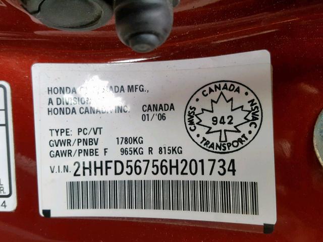 2HHFD56756H201734 - 2006 ACURA CSX PREMIU RED photo 10