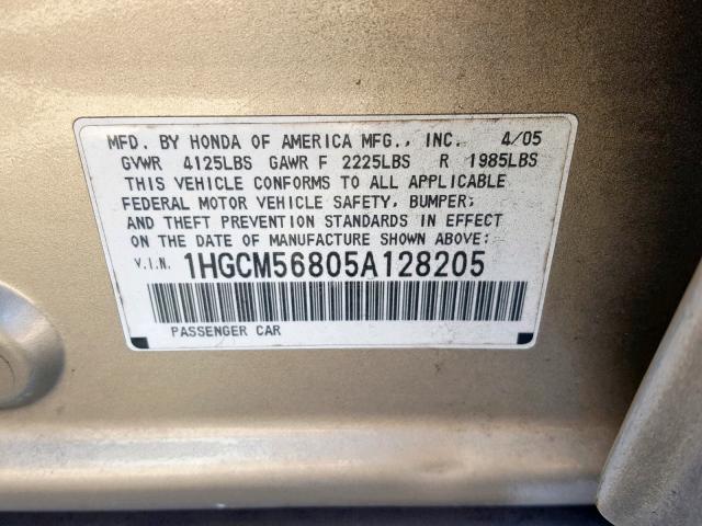 1HGCM56805A128205 - 2005 HONDA ACCORD EX GOLD photo 10