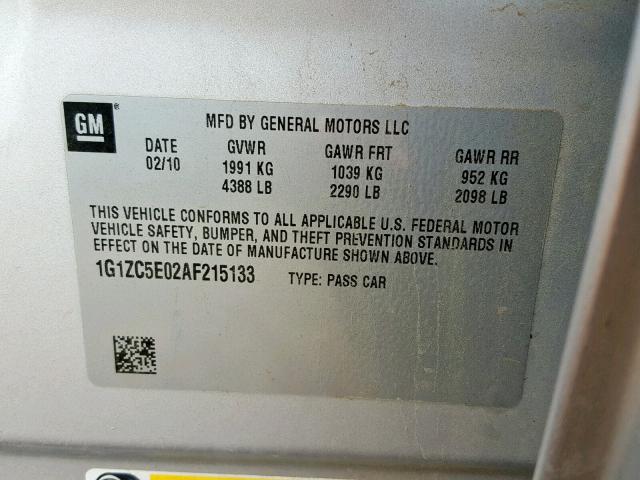 1G1ZC5E02AF215133 - 2010 CHEVROLET MALIBU 1LT 银色 照片 10