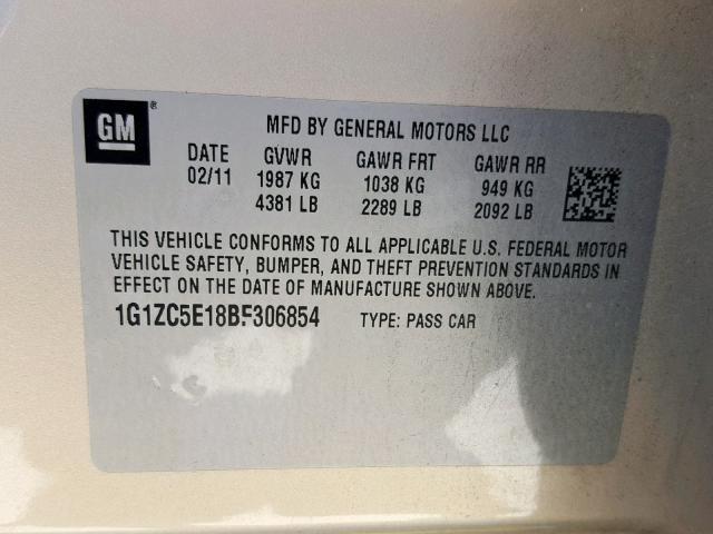 1G1ZC5E18BF306854 - 2011 CHEVROLET MALIBU 1LT 棕色 照片 10