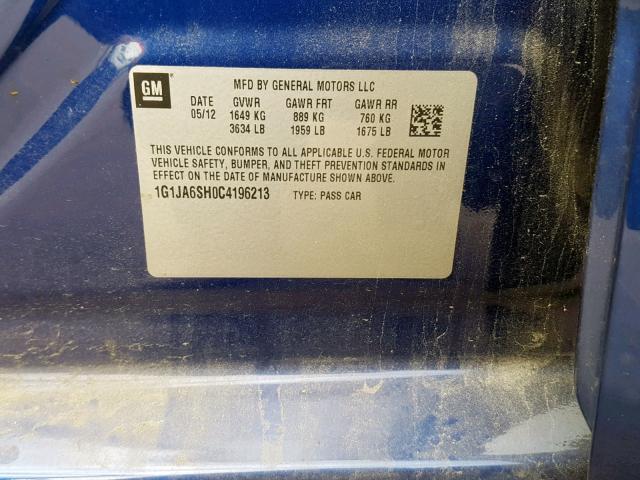 1G1JA6SH0C4196213 - 2012 CHEVROLET SONIC LS 蓝色 照片 10