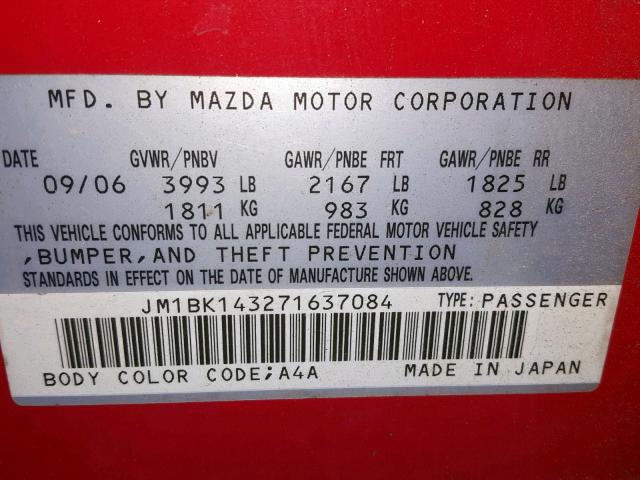 JM1BK143271637084 - 2007 MAZDA 3 HATCHBAC RED photo 10