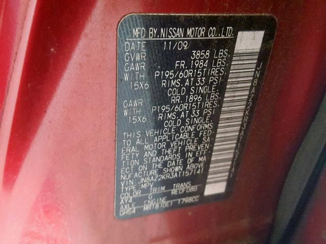 JN8AZ2KR3AT157141 - 2010 NISSAN CUBE BASE RED photo 10