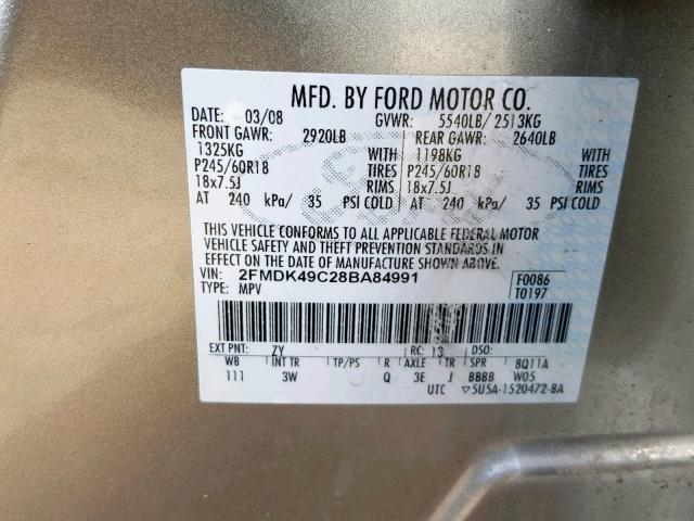 2FMDK49C28BA84991 - 2008 FORD EDGE LIMIT SILVER photo 10