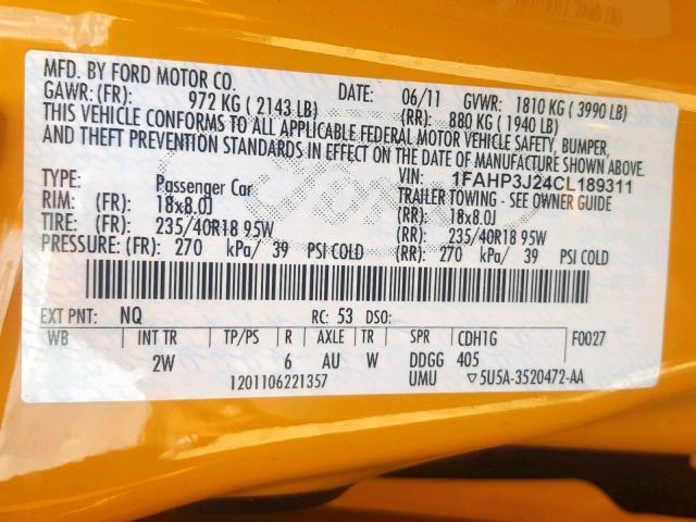 1FAHP3J24CL189311 - 2012 FORD FOCUS TITA YELLOW photo 10