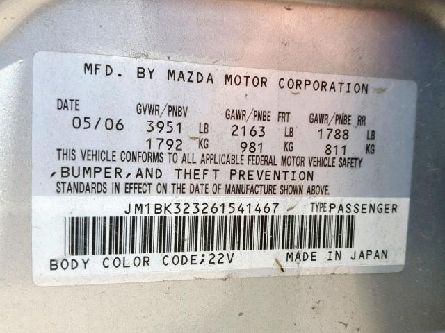 JM1BK323261541467 - 2006 MAZDA 3 S SILVER photo 10