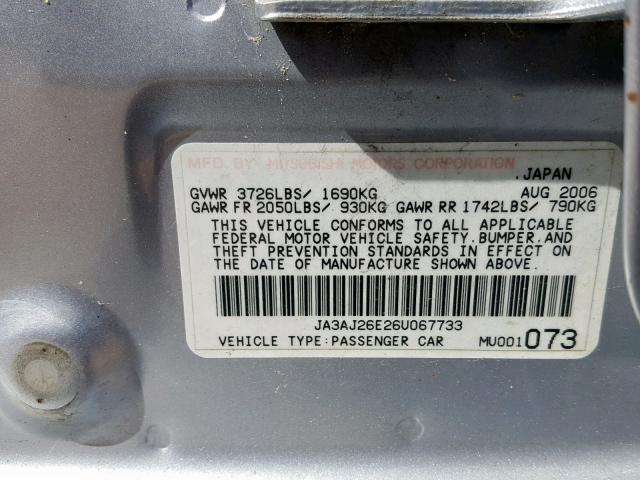 JA3AJ26E26U067733 - 2006 MITSUBISHI LANCER ES SILVER photo 10