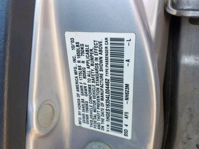 1HGES16354L004462 - 2004 HONDA CIVIC DX V SILVER photo 10