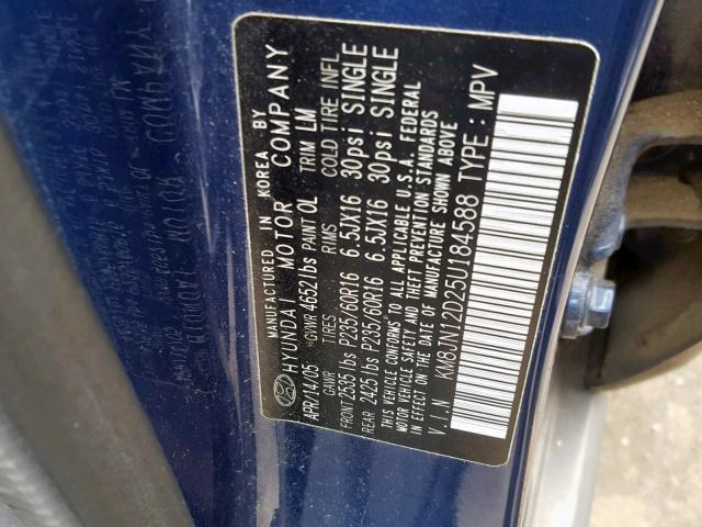 KM8JN12D25U184588 - 2005 HYUNDAI TUCSON GLS BLUE photo 10