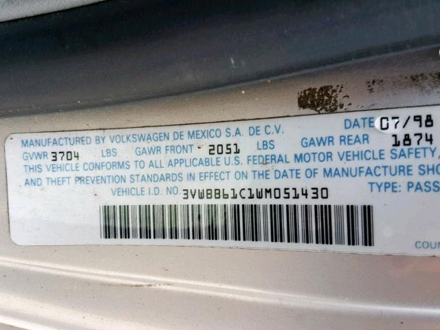 3VWBB61C1WM051430 - 1998 VOLKSWAGEN NEW BEETLE ვერცხლისფერი ფოტო 10