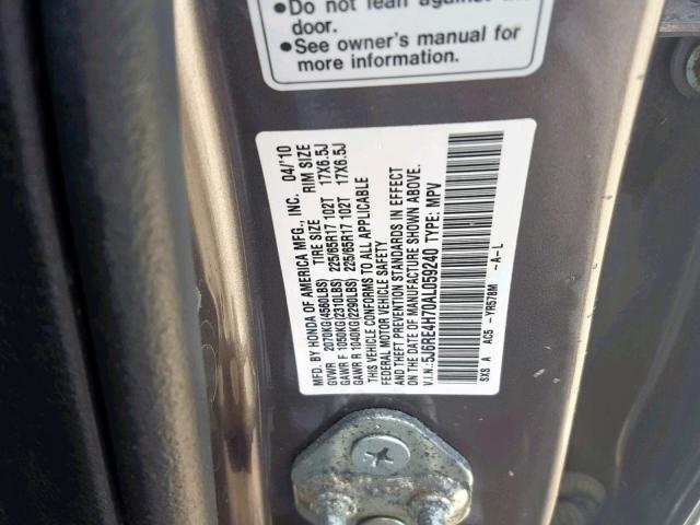 5J6RE4H70AL059240 - 2010 HONDA CR-V EXL GRAY photo 10