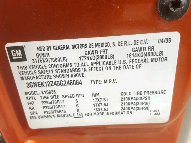 3GNEK12Z45G248084 - 2005 CHEVROLET AVALANCHE ORANGE photo 10