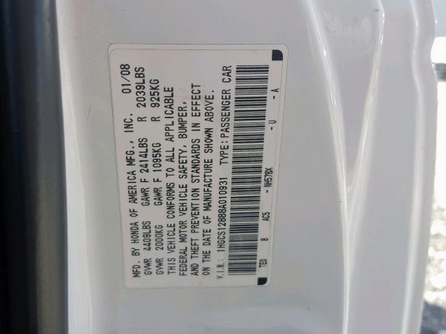 1HGCS12888A010931 - 2008 HONDA ACCORD EXL WHITE photo 10