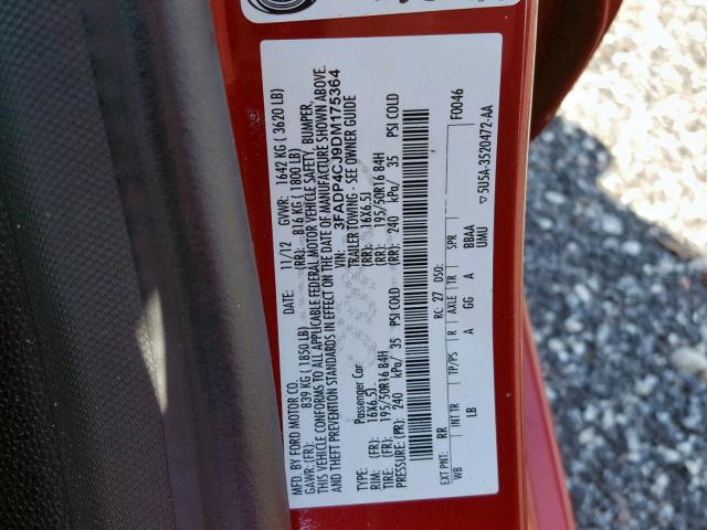 3FADP4CJ9DM175364 - 2013 FORD FIESTA TIT RED photo 10