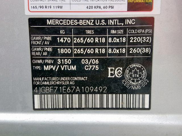 4JGBF71E67A109492 - 2007 MERCEDES-BENZ GL 450 4MA SILVER photo 10