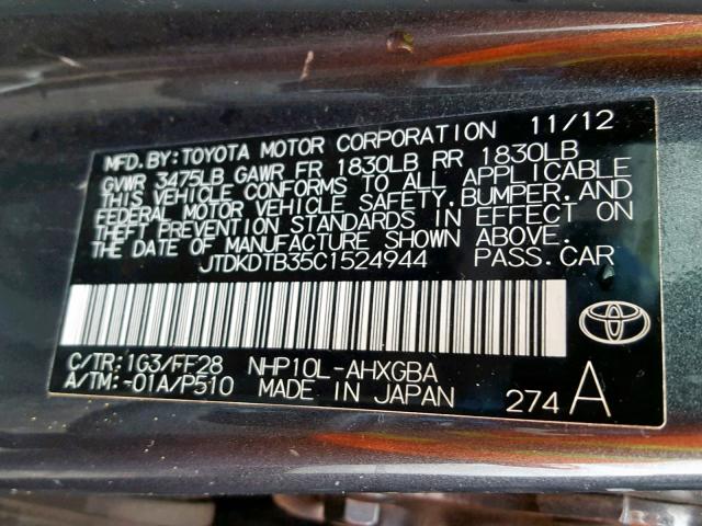 JTDKDTB35C1524944 - 2012 TOYOTA PRIUS C GRAY photo 10