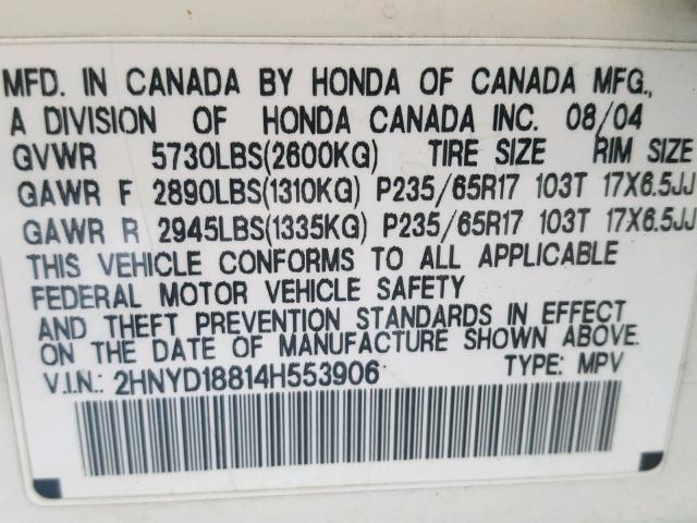 2HNYD18814H553906 - 2004 ACURA MDX TOURIN WHITE photo 10