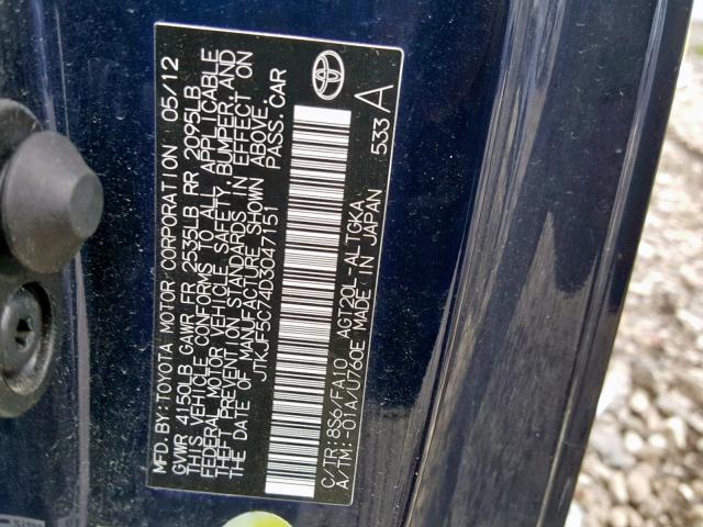 JTKJF5C74D3047151 - 2013 TOYOTA SCION TC ლურჯი ფოტო 10