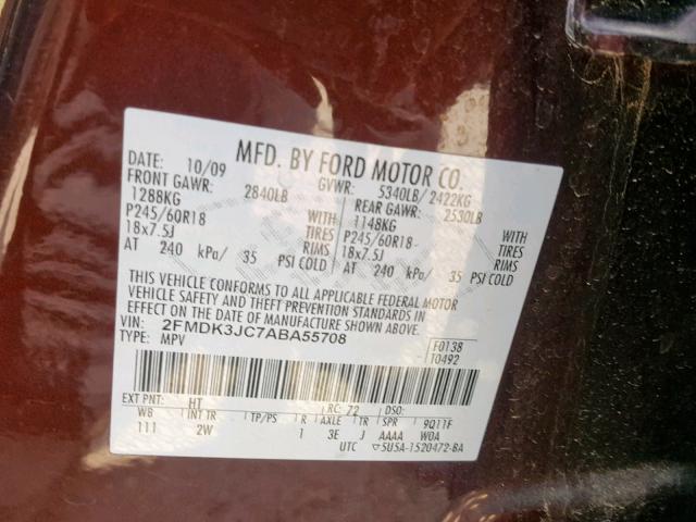 2FMDK3JC7ABA55708 - 2010 FORD EDGE SEL BURGUNDY photo 10