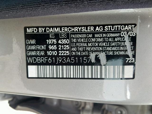 WDBRF61J93A511574 - 2003 MERCEDES-BENZ C 240 GRAY photo 10