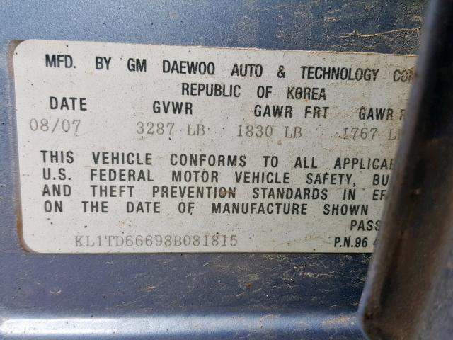 KL1TD66698B081815 - 2008 CHEVROLET AVEO BASE Көк фото 10