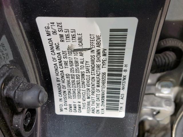 2HKRM4H71EH692056 - 2014 HONDA CR-V EXL GRAY photo 10