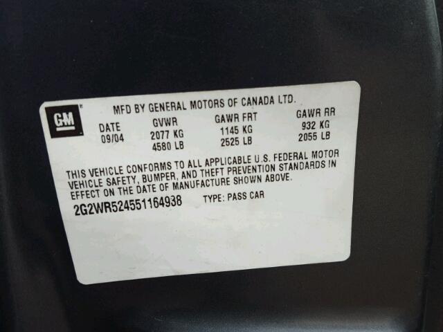 2G2WR524551164938 - 2005 PONTIAC GRAND PRIX GRAY photo 10