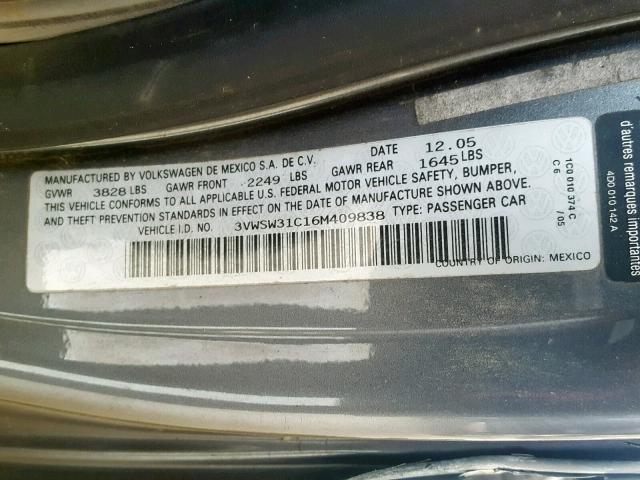3VWSW31C16M409838 - 2006 VOLKSWAGEN NEW BEETLE Boz foto 10