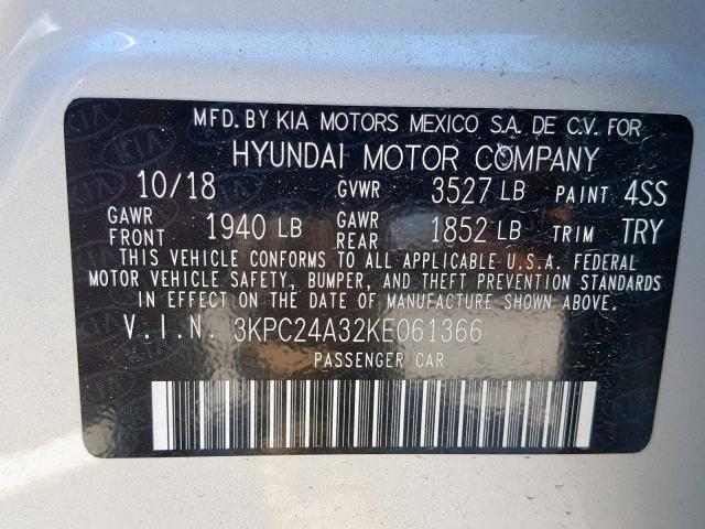 3KPC24A32KE061366 - 2019 HYUNDAI ACCENT SE SILVER photo 10