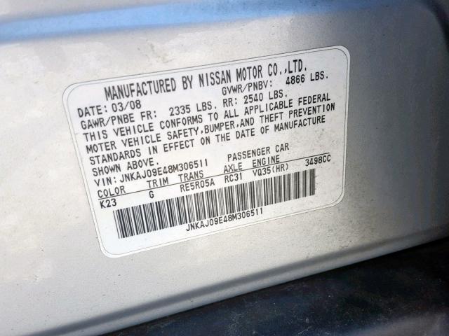 JNKAJ09E48M306511 - 2008 INFINITI EX35 BASE SILVER photo 10