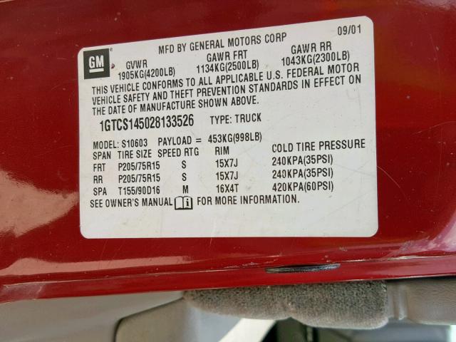 1GTCS145028133526 - 2002 GMC SONOMA RED photo 10