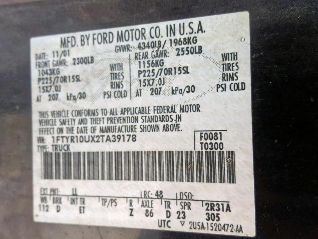 1FTYR10UX2TA39178 - 2002 FORD RANGER BLUE photo 10