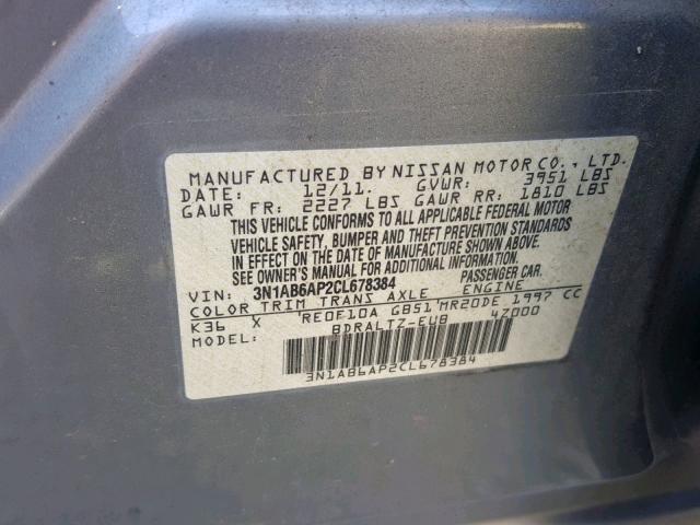 3N1AB6AP2CL678384 - 2012 NISSAN SENTRA 2.0 GRAY photo 10