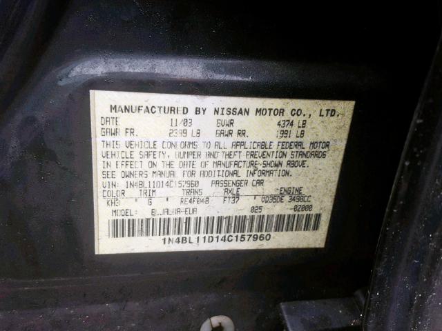 1N4BL11D14C157960 - 2004 NISSAN ALTIMA SE BLACK photo 10