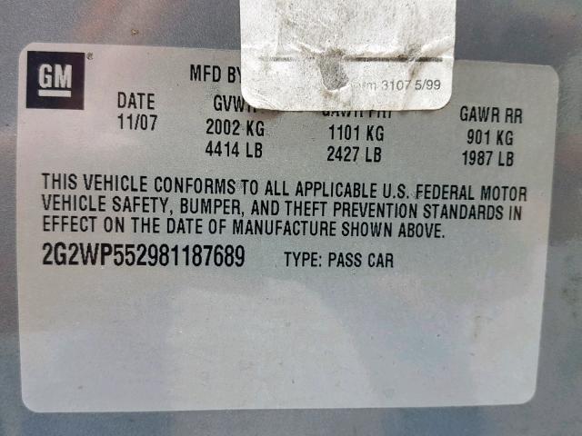 2G2WP552981187689 - 2008 PONTIAC GRAND PRIX 灰色 照片 10