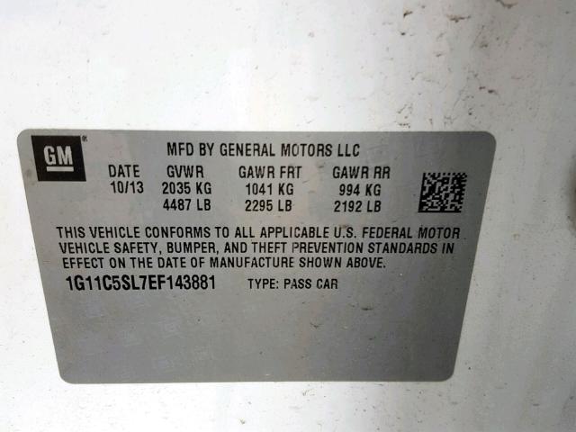 1G11C5SL7EF143881 - 2014 CHEVROLET MALIBU 1LT თეთრი ფოტო 10