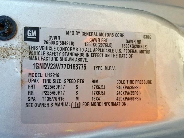 1GNDV23W77D183776 - 2007 CHEVROLET UPLANDER L 银色 照片 10