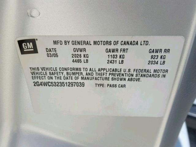 2G4WC532351297039 - 2005 BUICK LACROSSE C SILVER photo 10