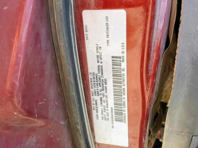 4S3BE625547205509 - 2004 SUBARU LEGACY L S RED photo 10