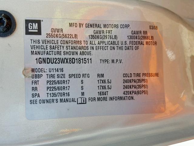 1GNDU23WX8D181511 - 2008 CHEVROLET UPLANDER L 银色 照片 10