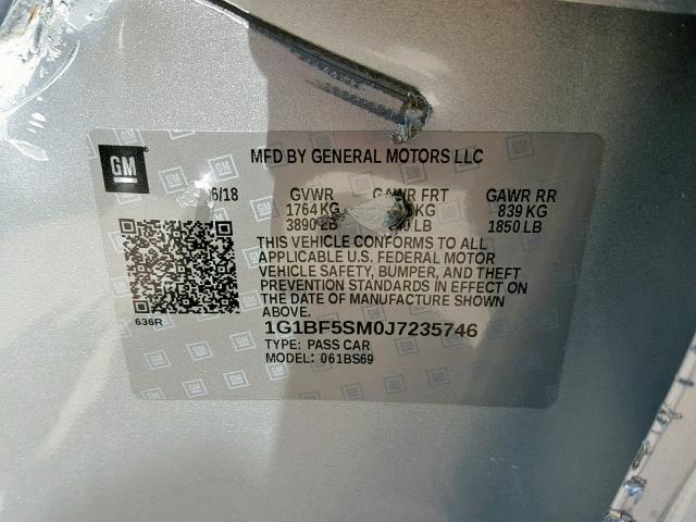 1G1BF5SM0J7235746 - 2018 CHEVROLET CRUZE PREM SILVER photo 10