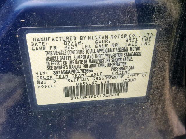 3N1AB6AP0CL762655 - 2012 NISSAN SENTRA 2.0 BLUE photo 10