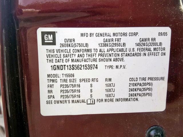 1GNDT13S562153974 - 2006 CHEVROLET TRAILBLAZE MAROON photo 10