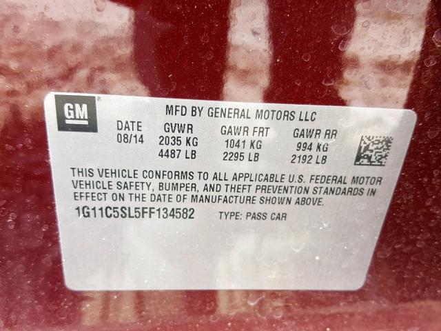 1G11C5SL5FF134582 - 2015 CHEVROLET MALIBU 1LT 红色 照片 10