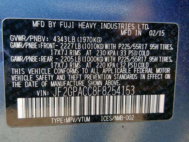 JF2GPACC8F8254153 - 2015 SUBARU XV CROSSTR BLUE photo 10