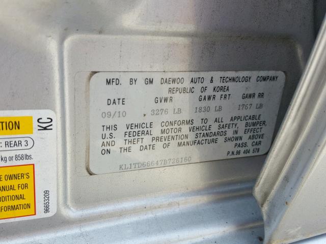 KL1TD66647B726160 - 2007 CHEVROLET AVEO BASE Күміс фото 10