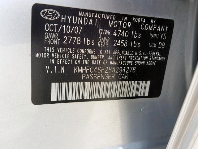 KMHFC46F28A294278 - 2008 HYUNDAI AZERA SE SILVER photo 10