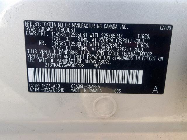 2T3YK4DV6AW005128 - 2010 TOYOTA RAV4 LIMIT SILVER photo 10