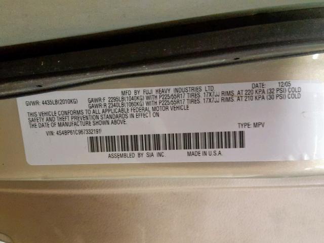 4S4BP61C967332191 - 2006 SUBARU LEGACY OUT TAN photo 10