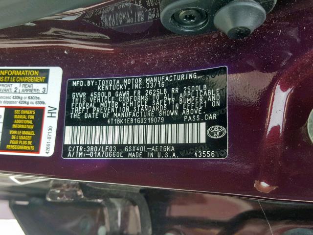 4T1BK1EB1GU219079 - 2016 TOYOTA AVALON XLE BURGUNDY photo 10